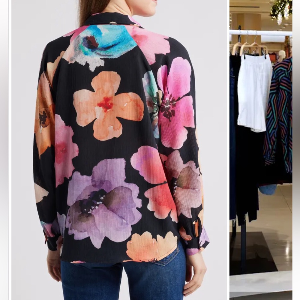 Black Floral Collared Long-Sleeve Blouse with Multicolor Blooms - Picture 2 of 11